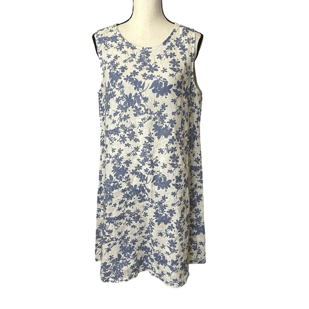 Terzo Millennio 100% Linen Dress Large  Blue Floral Sleeveless Coastal Italian